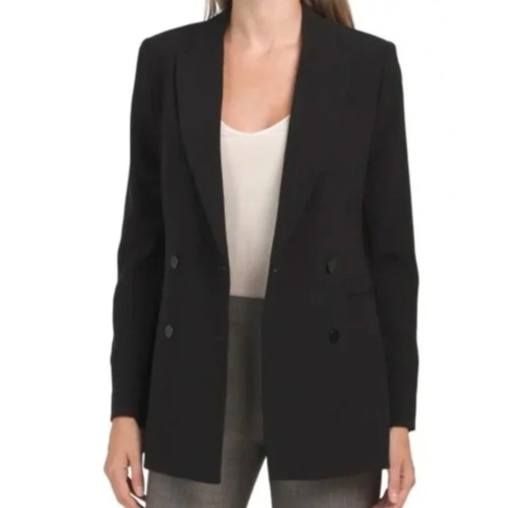Theory Power Jacket R Luxe Ponte Black Double Breasted Blazer M076106R Size 6